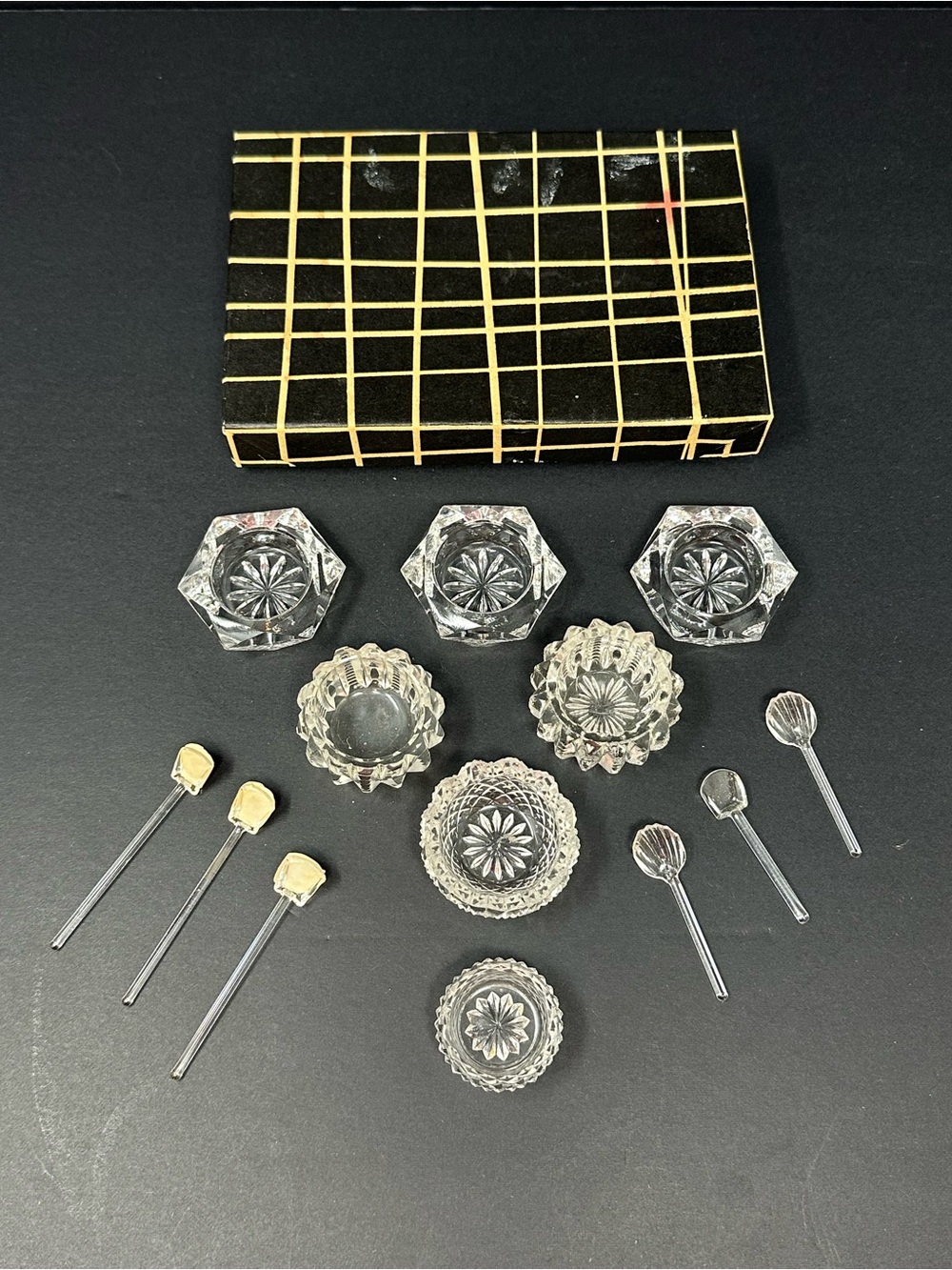 Vintage Crystal Salt Cellars (7), Glass Spoons (6), Original Box Bohemia A1